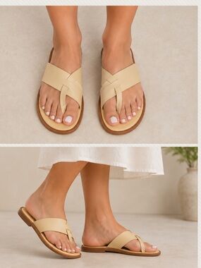 ⭐️Women's Beige Leather Slide Sandals - Minimal Toe-Loop Sandals Size 9